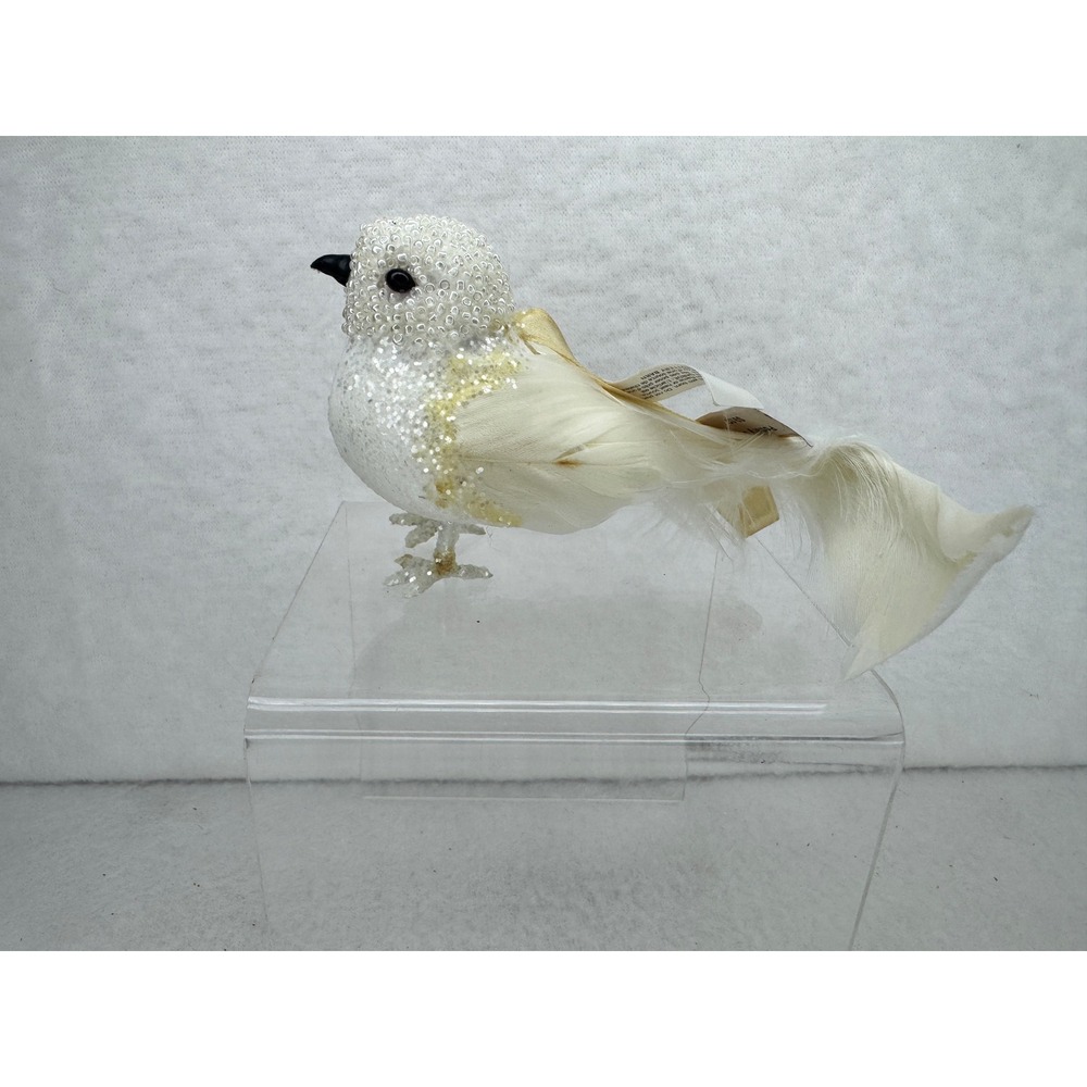 Pottery Barn Feather Bird Ornament 8215642 White Gold Beaded NEW